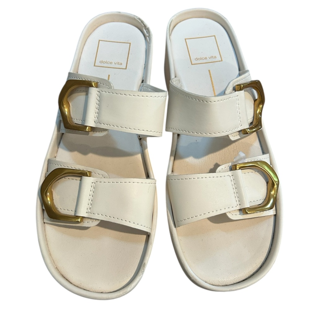 Dolce Vita Cream Slide Sandals with Gold Buckles